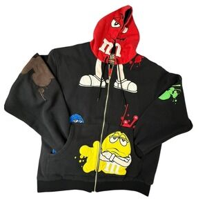 M&M's JH Design Mens XL Black Full Zip Hoodie Y2K Rare All Over Embroidered